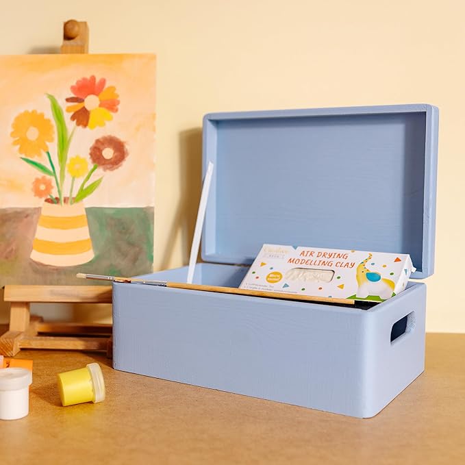 Creative Deco Large Blue Wooden Box Storage with Hinged Lid | 11.8x7.87x5.51in (+-0.5) | Keepsake with Handles | Gift Box for Tool Dog Toy Shoes Kitchen Storage | Wood Keepsake Chest Trunk