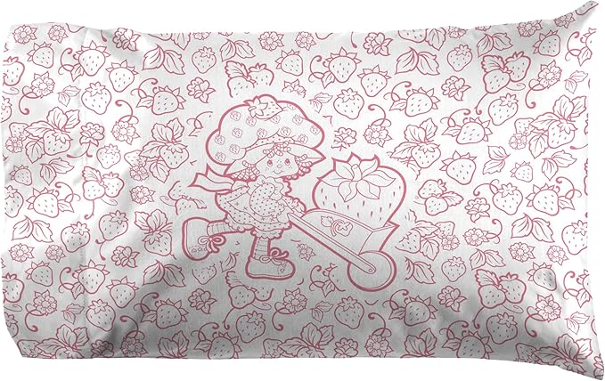 Jay Franco Kids Sheet Set with Fitted, Flat Sheets & Pillow Cover - Ultra-Soft Bedding with Pillowcase for Room Decor, Pink - Strawberry Shortcake, 4 Piece Queen