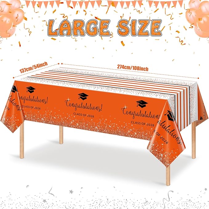 6 Pack Class of 2026 Graduation Tablecloths,Foil Dot Plastic Disposable Rectangle Table Covers for 2026 High School University College Graduation Party Decorations,108*54 Inch (Orange and Black)