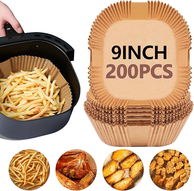UBeesize 9-Inch Air Fryer Parchment Liners - 200 Pack, Square Non-Stick Disposable Paper Sheets for Microwave & Air Fryers, Unbleached Baking Sheets (8-Inch Base)
