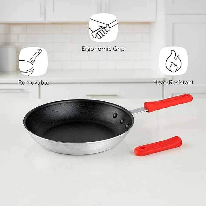 Restaurantware Silicone Hot Handle Holder - Met Lux Heat Resistant Fry Pan Sleeve, Dishwasher Safe - Non-Slip Pat Holder Sleeve Fits 10 inch &12 inch Aluminum Pans, Red