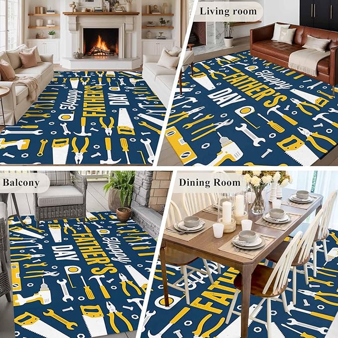 Father's Day Rectangle Rug 5x8 ft Hand Tools Workshop Equipment Soft Area Rug for Living Room Washable Non-Slip Carpet Indoor Mat for Bedroom Dining Room Holiday Decor