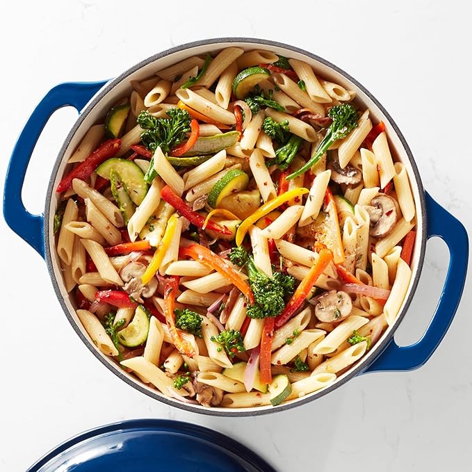 Amazon Basics Enameled Cast Iron Dutch Oven Pot with Lid, Dual Handles, Heavy-Duty, Oven Safe for Stews, Roasting, Baking, 6-Quart, Navy