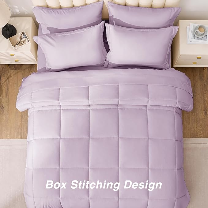Love's cabin King Size Comforter Set Light Purple, 7 Pieces King Bed in a Bag, All Season Bedding Sets with 1 Comforter, 1 Flat Sheet, 1 Fitted Sheet, 2 Pillowcase and 2 Pillow Sham | Soft, Breathable, Lightweight, Comfortable
