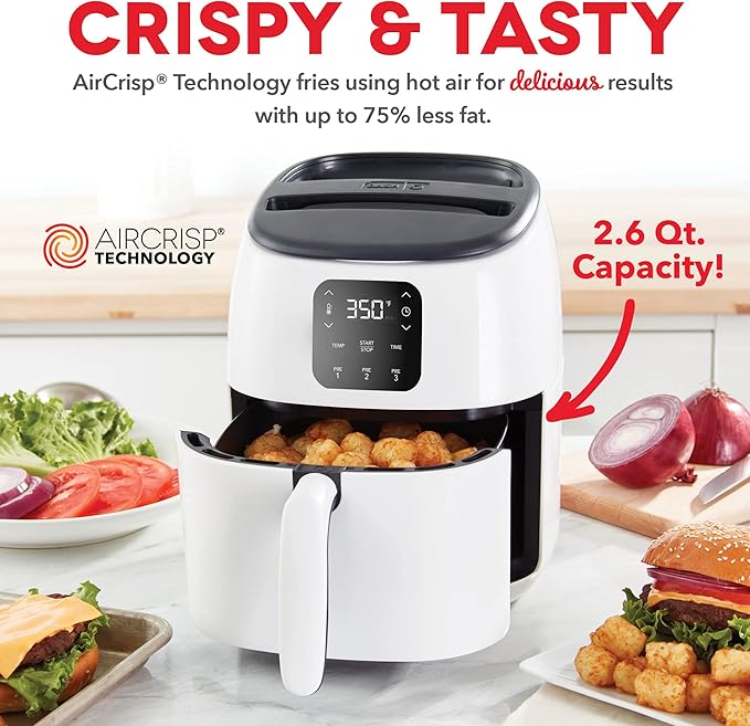 Dash Tasti-Crisp™ Digital Air Fryer – 2.6 Quart Small Compact Mini Air Fryer for French Fries, Nuggets & More, 1-2 People, Auto Shut Off, Adjustable Temp, Dishwasher Safe Parts - White