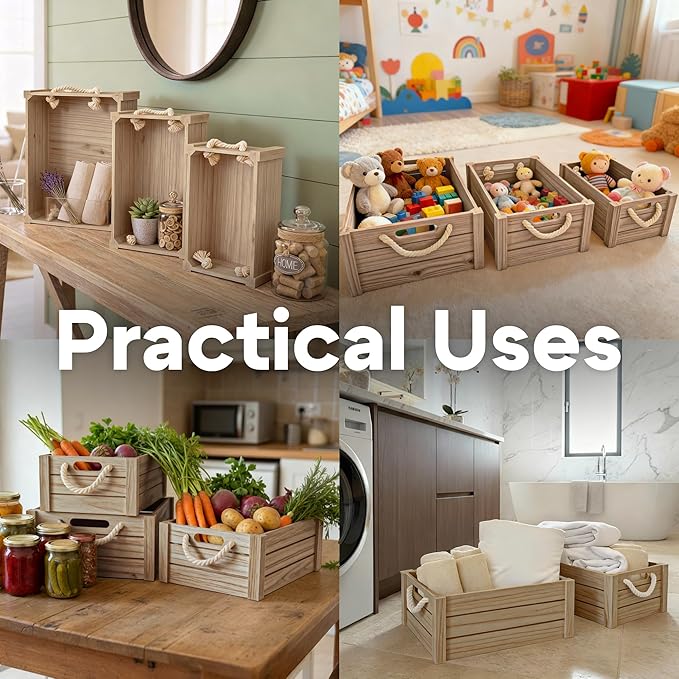 Set of 3 Rustic Nested Wooden Crates with Rope Handles - Decorative Farmhouse Storage Boxes for Kitchen, Living Room & Bathroom - Modern Wood Grain Home Organization