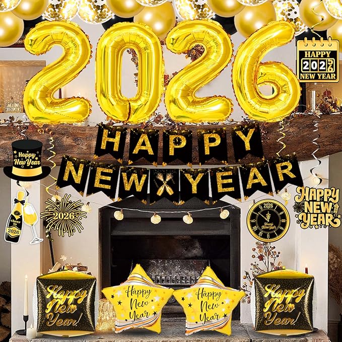 70Pcs 2026 Happy New Years Decorations Set, Black Gold New Years Eve Party Supplies 2026 with Banner 2026 Balloons Paper Glasses Photo Props Hanging Swirls for 2026 New Year Decorations