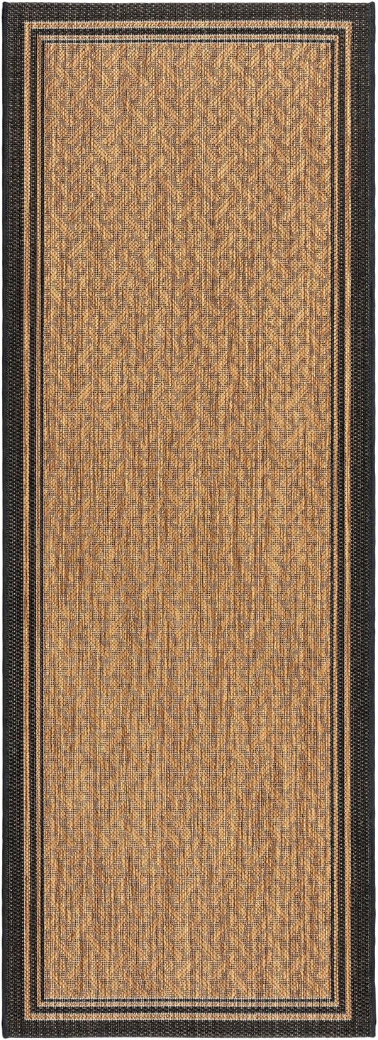 Gertmenian Indoor Outdoor Classic Flatweave Area Rug, Stain & UV Resistant Carpet, Deck, Patio, Poolside & Mudroom, 2x6 Ft Runner, Simple Border, Black Tan, 22013