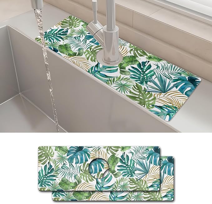2PCS 15" X 5.5" Kitchen Sink Splash Guard Faucet Mat Leaf Super Absorbent Fast Drying Faucet Guard & Draining Mat Sink Splash Guard Behind Faucet for Kitchen, Bathroom