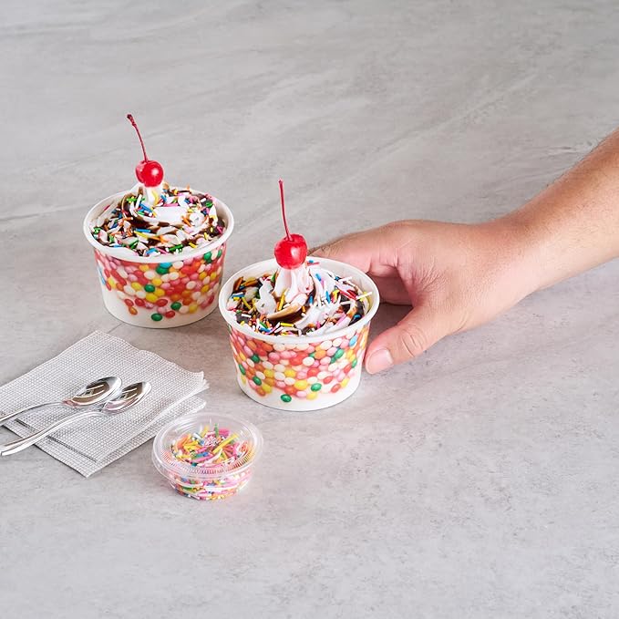 Coppetta 8 Ounce Dessert Cups, 50 Greaseproof Ice Cream Cups - Lids Sold Separately, For Hot And Cold Foods, White Paper Yogurt Bowls, Round Sprinkle Design, Disposable, Sturdy - Restaurantware
