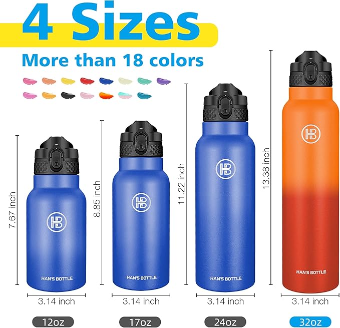 Han's Bottle Sports Water Bottle - 32 Oz, Straw Lid, Leak Proof, Vacuum Insulated Stainless Steel, Double Walled, Thermo Mug,Fire