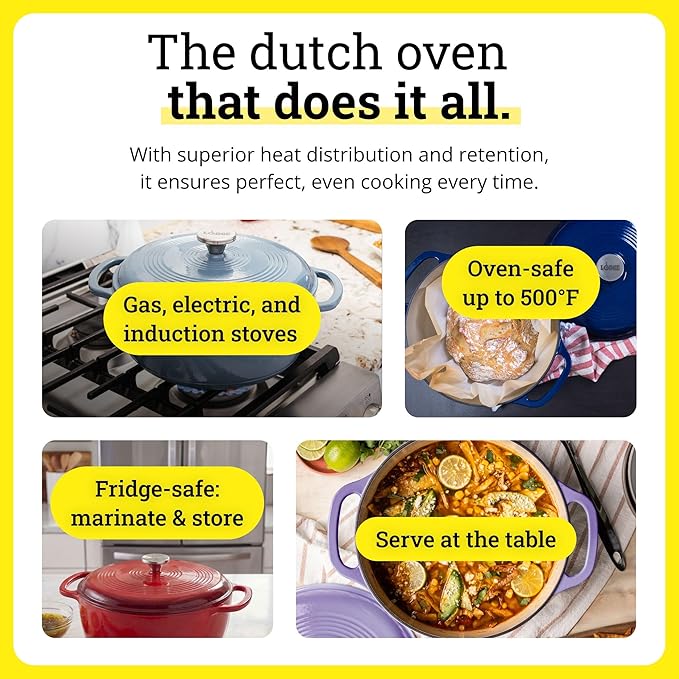 Lodge Essential Enamel Cast Iron Dutch Oven - Perfect for Bread Baking, Braising, Marinating & Slow Cooking - Features Moisture-Sealing Lid & Dual Handles - Kitchen Essentials - 6 Quarts - Poppy