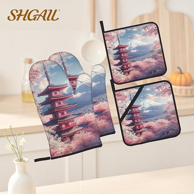 Cherry Blossom Mount Fuji Oven Mitts & Potholder Set of 4 - Heat Resistant Kitchen Gloves Hot Pads for Baking, Cooking, Gifts for Women