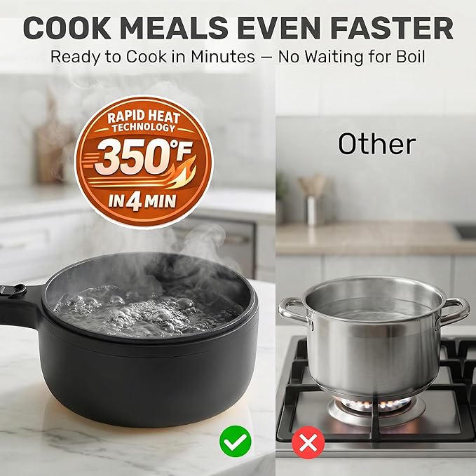 Hot Pot Electric 1.5L CERAMAX, Non-Toxic Ceramic Noodle Cooker Skillet with Steamer & Lid for Ramen, Pasta, Eggs, Soup - Fast Heating, Portable for Dorms, Camping, RVs, Office, Adjustable Temperature