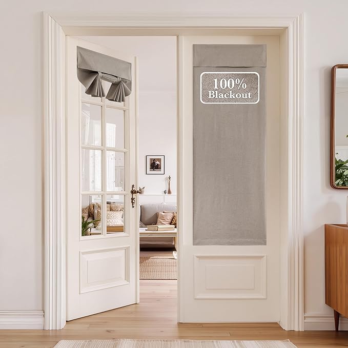 NICETOWN 100% Linen Blackout French Door Curtain for Window, Thermal Insulated Room Darkening Window Covering for Kitchen Office Nursery, Tie Up Shade for Privacy, 1 Panel, 30W x 69L, Taupe