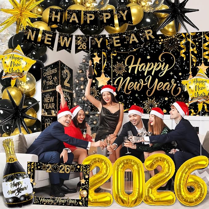 2026 New Years Decorations Black and Gold New Years Eve Balloons 2026 Banner Backdrop,Photo Booth Props,4pcs Cards Boxes Kit for 2026 Eve Party Supplies in Indoor or Outdoor