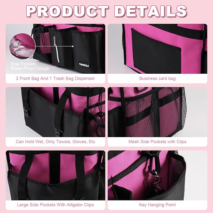 Cleaning Caddy with Wheels, Rolling Cleaning Supplies Organizer with Bottom Board, Dividers & Shoulder Strap, Portable Utility Tote with Small Trolley, Rose Pink