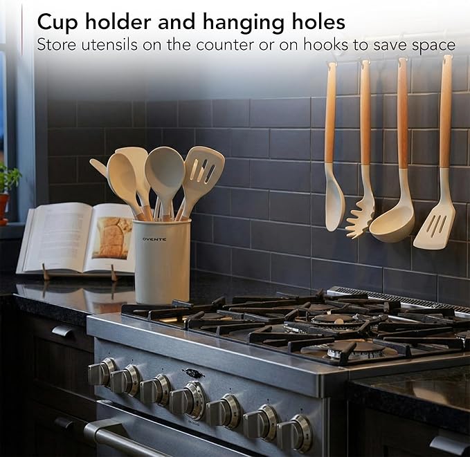 OVENTE Silicone Cooking Utensils Set, 17pcs Heat Resistant Kitchen Tools and Gadgets for Nonstick Cookware, BPA Free Spatula Set with Wooden Handle, Cup Holder, Oven Gloves and Hot Pads, Cream SPS17CR