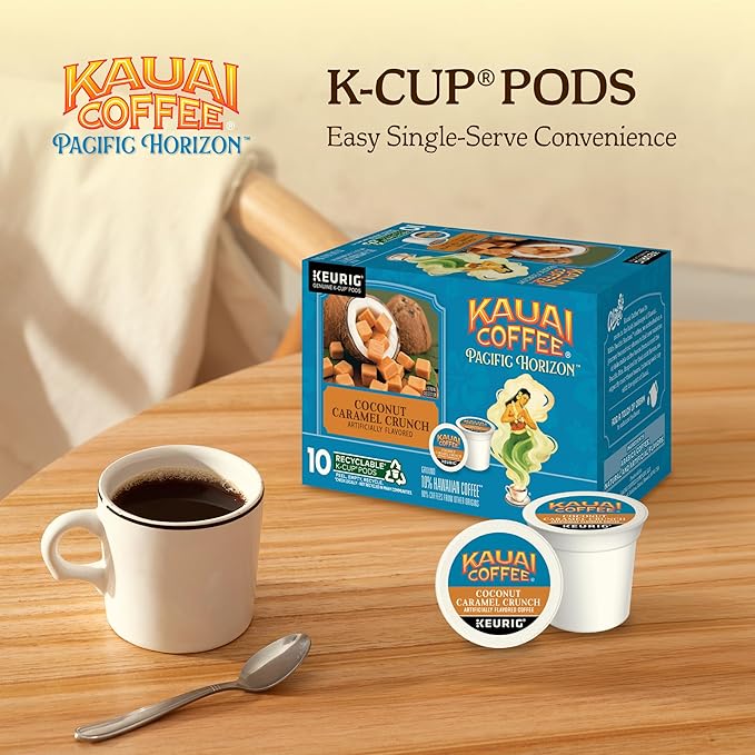 Kauai Coffee K-Cup Pods for Keurig Brewers – Arabica Coffee, 10% Hawaiian – Medium Roast, Nutty Caramel with Tropical Coconut – Coconut Caramel Crunch, 6 Packs of 10 Single Serve K-Cups