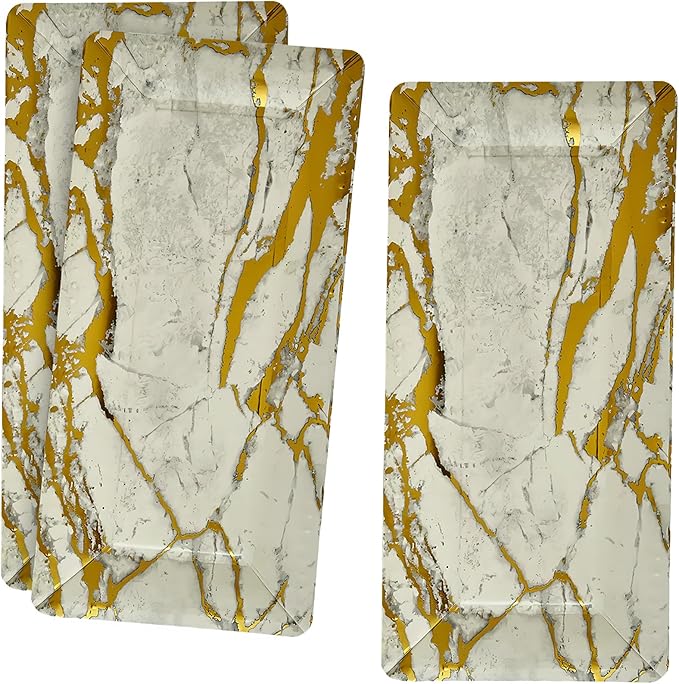 Elegant Marble Gold Loaf Rectangular Disposable Paper Platter - 16" x 7" (Pack of 3) - Perfect for Serving Bread, Cakes, & Desserts at Special Events