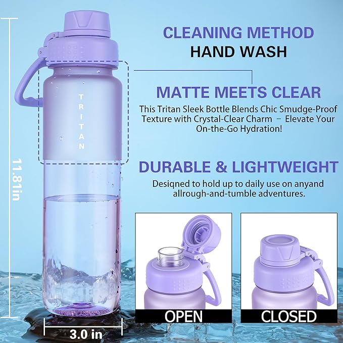 OLDLEY 32oz Frosted Clear Water Bottle, BPA-Free Tritan Plastic Reusable Water Bottle with Fast-Flow Spout Lid, Wide Mouth Leakproof Sports Drinking Bottle for Gym, School, Office, Travel,Amethyst