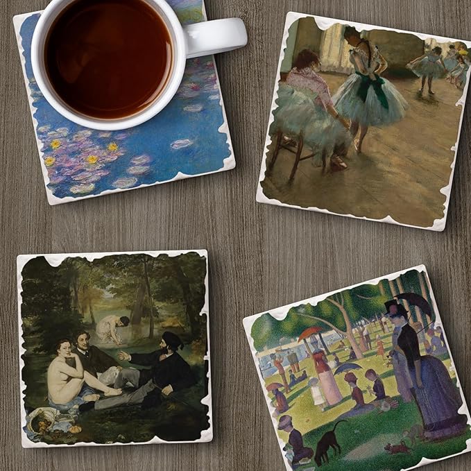 Thirstystone French Impressionists 4 Pack Assorted Tumbled Tile Stone Coasters with Protective Cork Backing Manufactured in The USA Absorbent Easily Wipes Clean