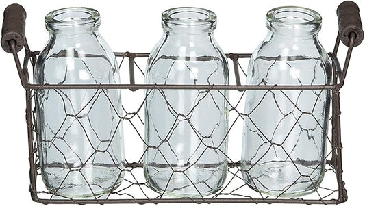 Chicken Wire Rectangle Decorative Metal Basket with Three Glass Bottles