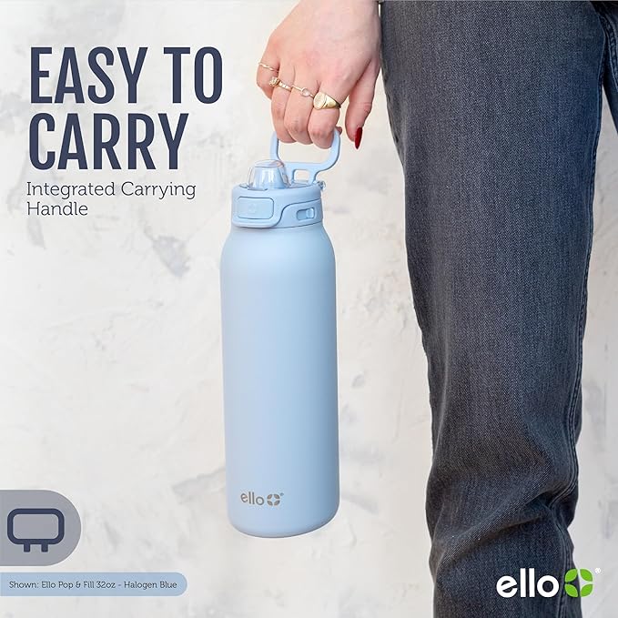 Ello Pop & Fill 22oz Stainless Steel Water Bottle with Quick Fill Technology, Double Walled and Vacuum Insulated Metal, Leak Proof Locking Lid, Sip and Chug, Reusable, BPA Free, Cherry Breeze