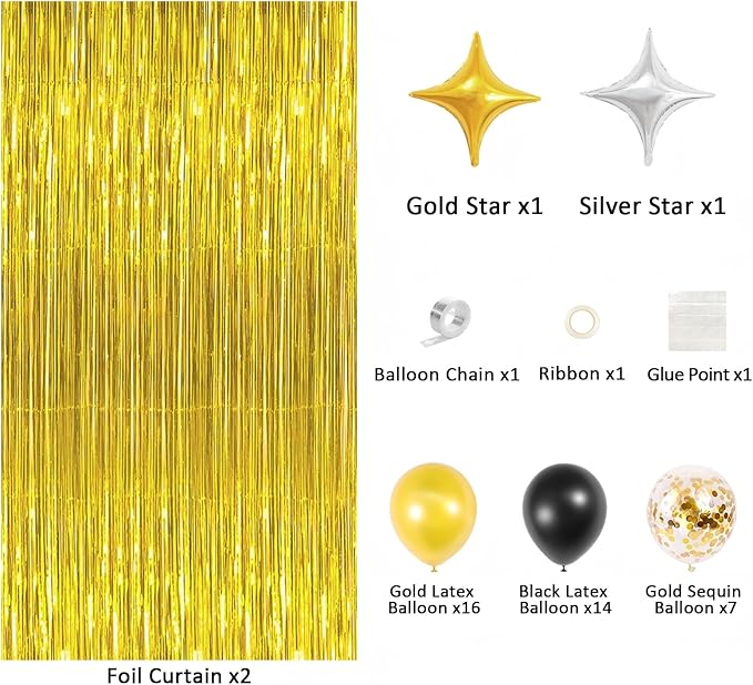 Gold Foil Party Curtain Kit with Balloons & Garland – 2-Pack Metallic Fringe Backdrop (3.28×6.56 ft) for Christmas, Graduation, Birthday Photo Booth New Year Decorations