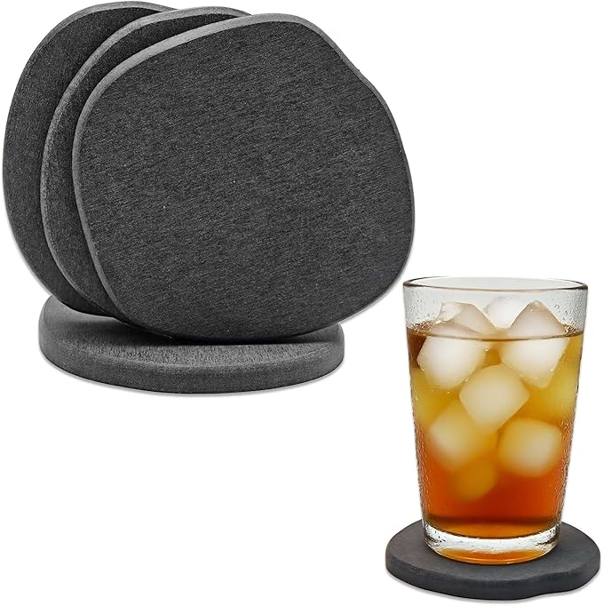 Diatomite Coasters Set of 4 | Absorbent Coasters for Drinks Cute Modern Unique Aesthetic Stone Coaster for Desks, Instant Drying, with 16 Removable Scratch Protection Pads - Dark Grey