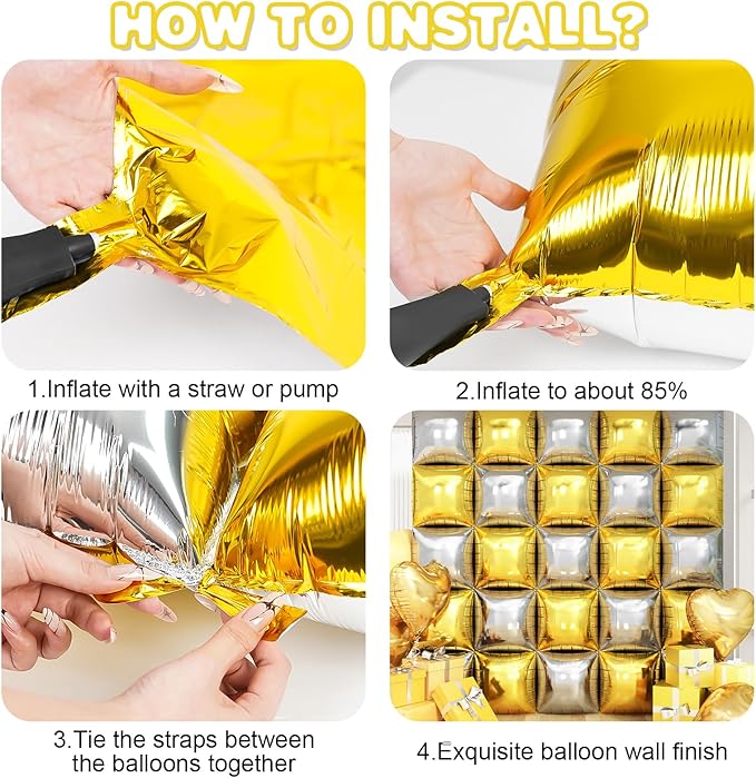 Gold Silver Square Foil Balloon Wall,25Pcs Double Sided Balloons Backdrop Helium Polyester Film Balloon Tunnel Arch Garland Kit for Birthday Bridal Anniversary Baby Shower Party Decorations