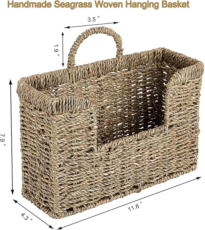 Woven Hanging Basket for Wall, Magazine and Mail Organizer Holder with Sturdy Frame,Seagrass Magazines Baskets Also Stands on Tabletop, Wall Mount Storage Rack for Home Office