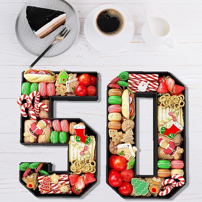 50 Cardboard Numbers for Charcuterie Fillable 13.8'' Black Gold Paper Mache Number Shaped Cupcake Pans Board Box Trays Container for Food Candy 50th Birthday Party Decorations Anniversary