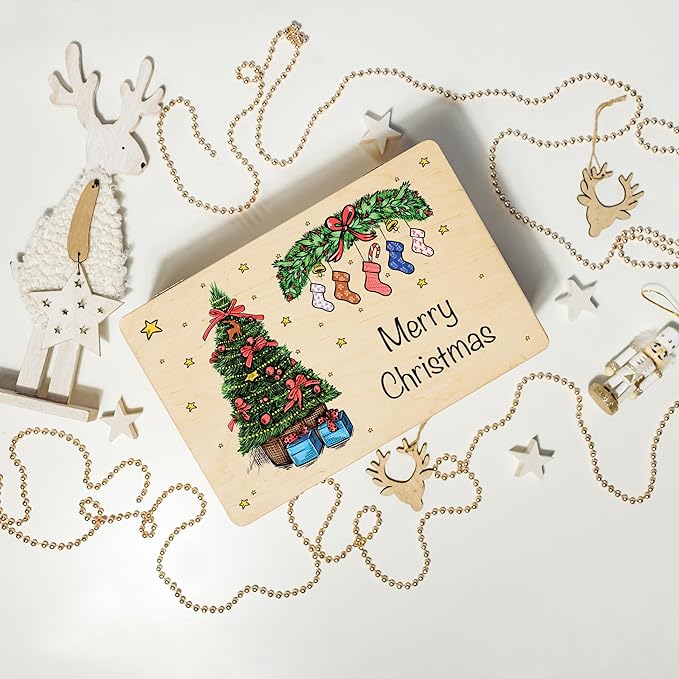 Creative Deco Personalized Christmas Tree Wooden Storage Box | 11.8x7.87x5.51in (+-0.5) | Hinged Lid Handles Engraving | Multiple Choice | Gift Box | Rough UNSANDED Keepsake Memory Souvenir Chest