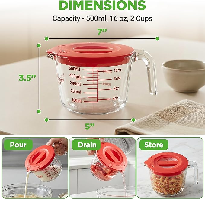 NutriChef 2 Cups Glass Measuring Cup with Lid (19 oz) - Heat-Resistant Borosilicate Liquid Measure Cup with Easy-Read Scale for Cooking, Baking and Food Storage, Dishwasher and Freezer Safe