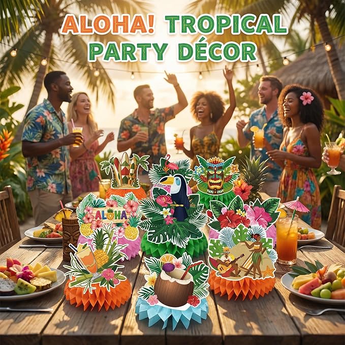 Luau Party Decorations - 9 PCS Hawaiian Honeycomb Table Centerpiece for Tiki and Luau Hawaiian Party Favors Supplies | Tropical Party Decorations for Summer Beach Pool Birthday Wedding