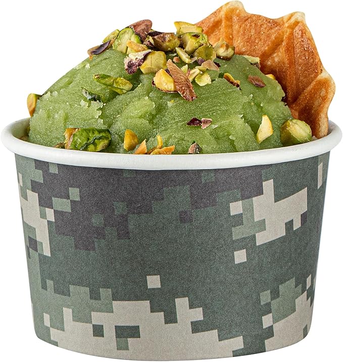 Restaurantware Coppetta 3-Ounce Dessert Cups, 200 Disposable Ice Cream Cups - Lids Sold Separately, Sturdy, Camouflage Paper FroYo Bowls, For Hot And Cold Foods, Perfect For Gelato Or Mousse