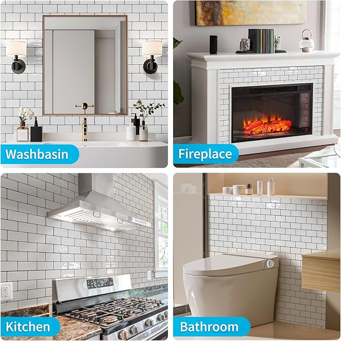 Art3d 10-Sheet Peel and Stick Backsplash Tile, Vinyl Stick on Wall Tile for Kitchen Bathroom Laundry Room, Subway Design 12" x 12" - White with Black Grout