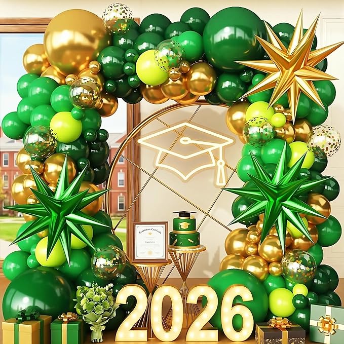 Green and Gold Balloons Garland Arch Kit with Stars Different Shade Green Balloons for Birthday 2026 Graduation Baby Shower Junle Safari Dinosaur Party Anniversary Decorations