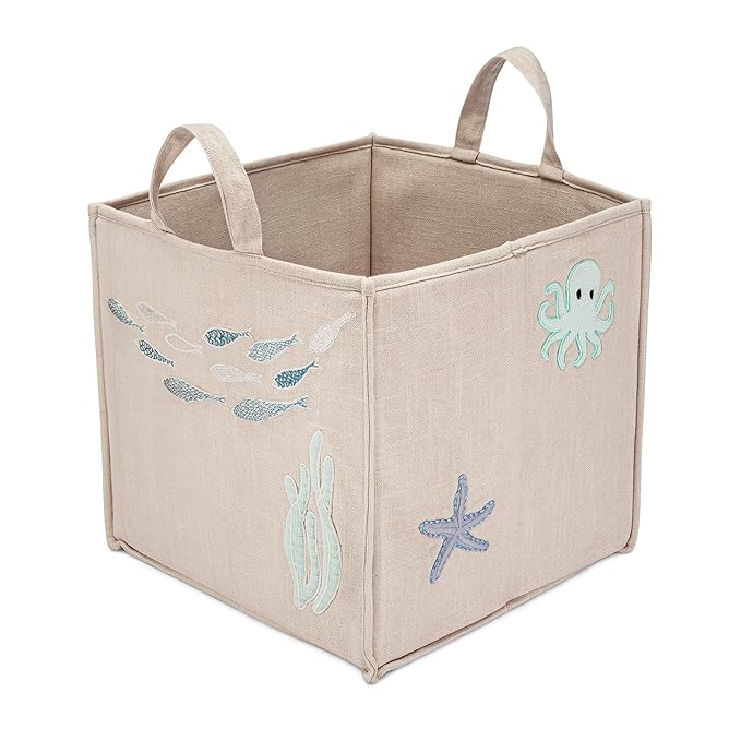 Crane Baby Fabric Nursery Storage Basket, Toy Storage, Sea Life Theme, 14"x14", Toy Basket, Baby Storage Organizer, Toy Organizers and Storage Bins, Baby Organizers and Storage, Toy Bins