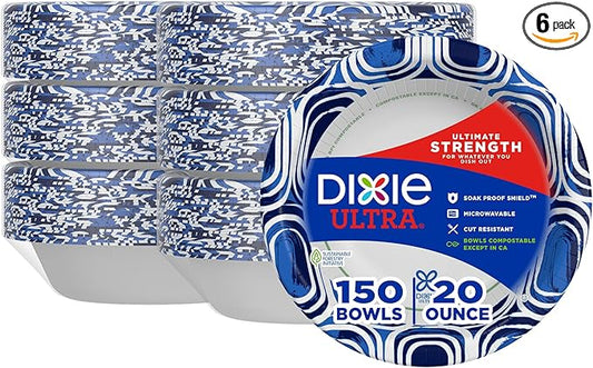 Dixie Ultra, Large Paper Bowls, 20 Oz, 150 Count (6 packs of 25 bowls), Microwave Safe, Compostable, Disposable Bowls Great For Breakfast, Lunch, And Dinner Meals