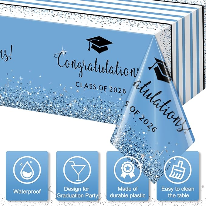 MASHAN 6 Pack Class of 2026 Graduation Tablecloths,Foil Dot Plastic Disposable Rectangle Table Covers for 2026 High School University College Graduation Party Decorations,108 * 54 Inch (Light Blue)