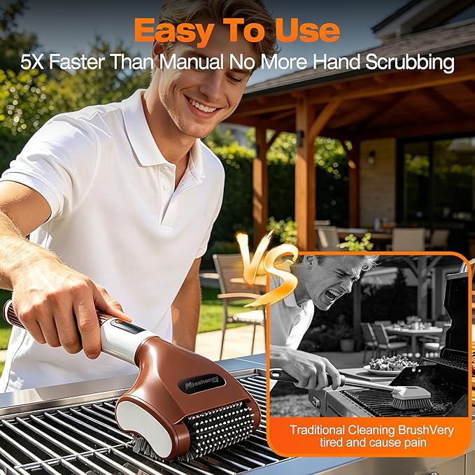 Electric Grill Brush - 4000mAh Cordless BBQ Grill Cleaner 2 Speed - 800RPM Bristle Free BBQ Grill Cleaner Tool Rechargeable with Scraper/LED Light/LED Display for Outdoor/Camping (Brown)