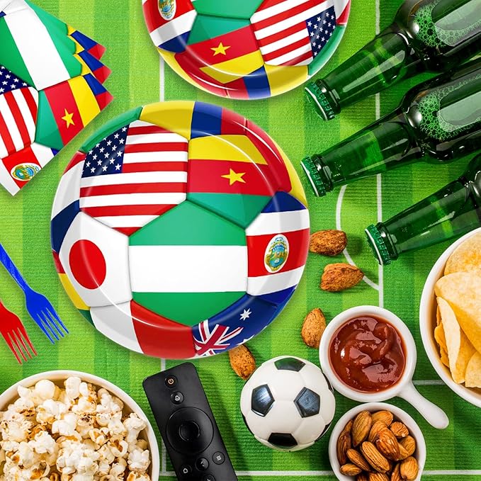 200Pcs World Cup Party Tableware Set, 2026 Soccer Ball Party Decorations Soccer Sports Events Festivals Supplies for International World Flags Disposable Paper Plates Napkins Forks Favors, Serve 50
