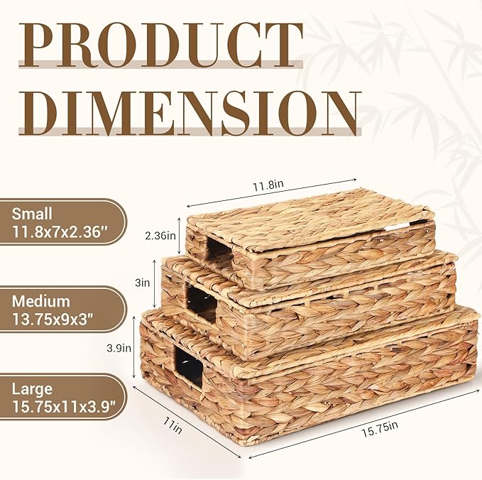 3 Pcs Wicker Storage Baskets with Lids 16" 14" 12" Water Hyacinth Pantry Baskets Woven Organizers Decorative Storage Boxes for Organizing Shelves, Bedroom, Living Room(Natural)