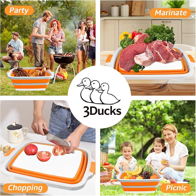 Collapsible BBQ Prep Tub with Locking Cutting Board Lid & Strainer – Portable Grill Prep Station for Marinating & Food Prep, Foldable Camping Sink for BBQ, Picnic & Outdoor Cooking (Orange)
