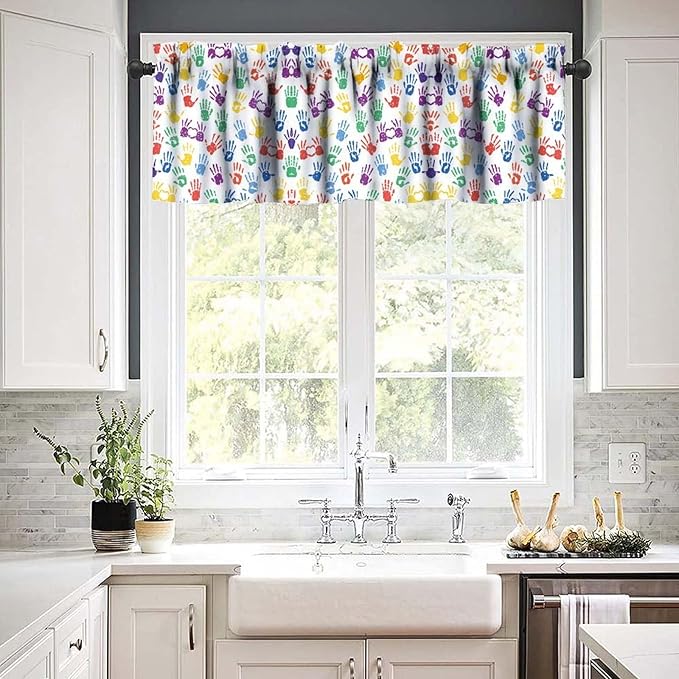 Colorful Handprint Valance, Back to School First Day Kids Students Short Window Treatment for Kitchen Bedroom School Classroom, 54x18Inch