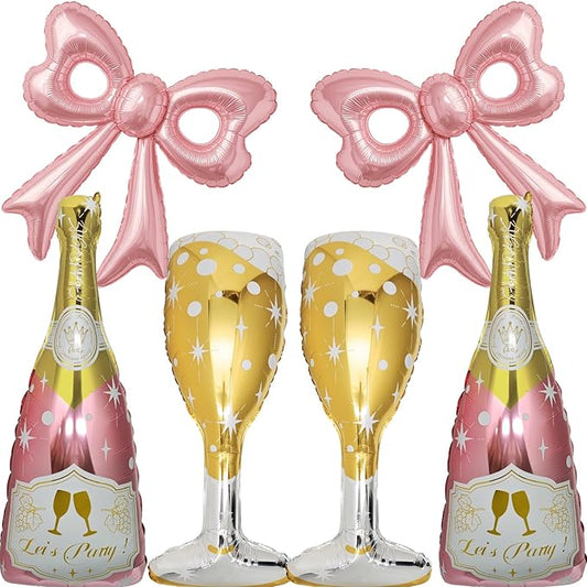 6 Pcs Pink Bow Balloons, Huge Rose Gold Champagne Bottle Goblet Aluminum Foil Balloons for Birthday, Bachelorette, Bridal Shower, Wedding, Anniversary, Engagement Party Decorations Supplies