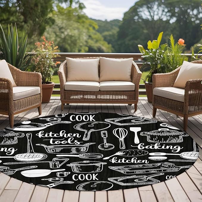 Black Kitchen Tools 5ft Round Rug, Modern Cooking Utensil Non-Skid Rubber Backing Large Area Rugs - Living Room Bedroom Home Office, Farmhouse Cookware Indoor Floor Mat Carpets Washable Rug
