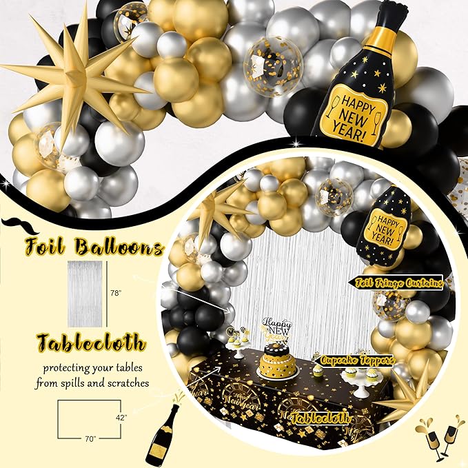 New Year 2026 Party Supplies Kit, Happy New Year's Eve Party Decorations, 2026 Year Party Decor with 2026 Gold Black Balloon Garland Foil Curtain Tablecloth with 2026 New Years Eve Party Decorations